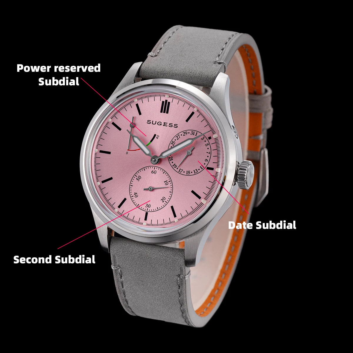 Elegant pink dial watch with power reserve and date subdials. Perfect for stylish, functional jewelr.