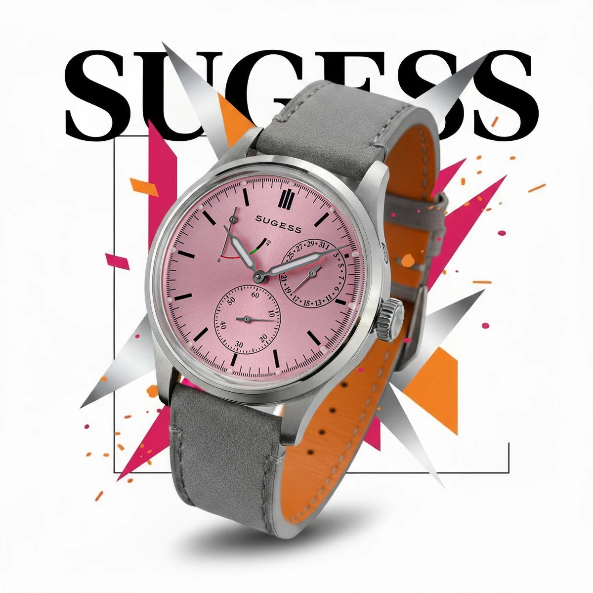 Stylish women's Success watch featuring a pink dial and gray strap, perfect for everyday wear.