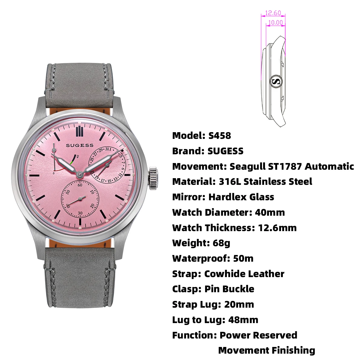 Elegant pink dial men's watch with stainless steel case and leather strap.