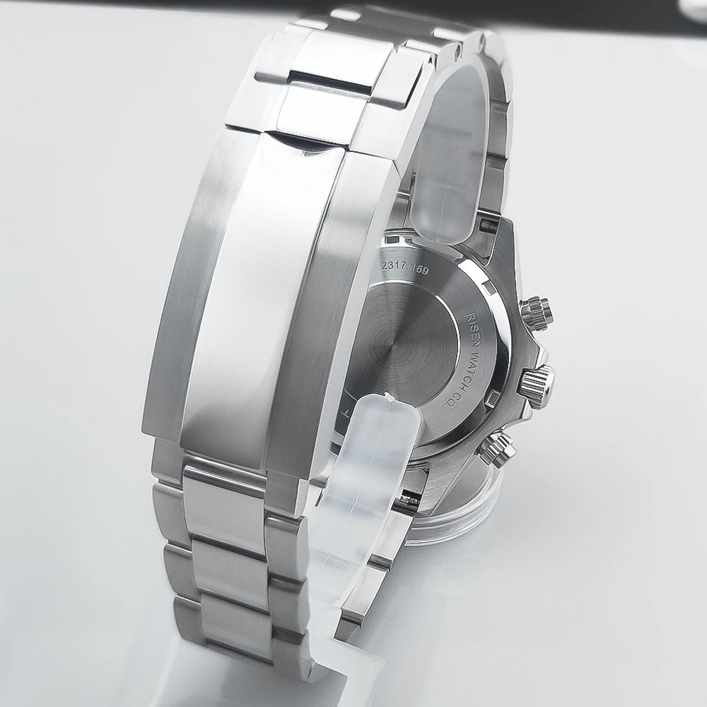Rolex stainless steel men's watch with chronograph features and a sleek design.