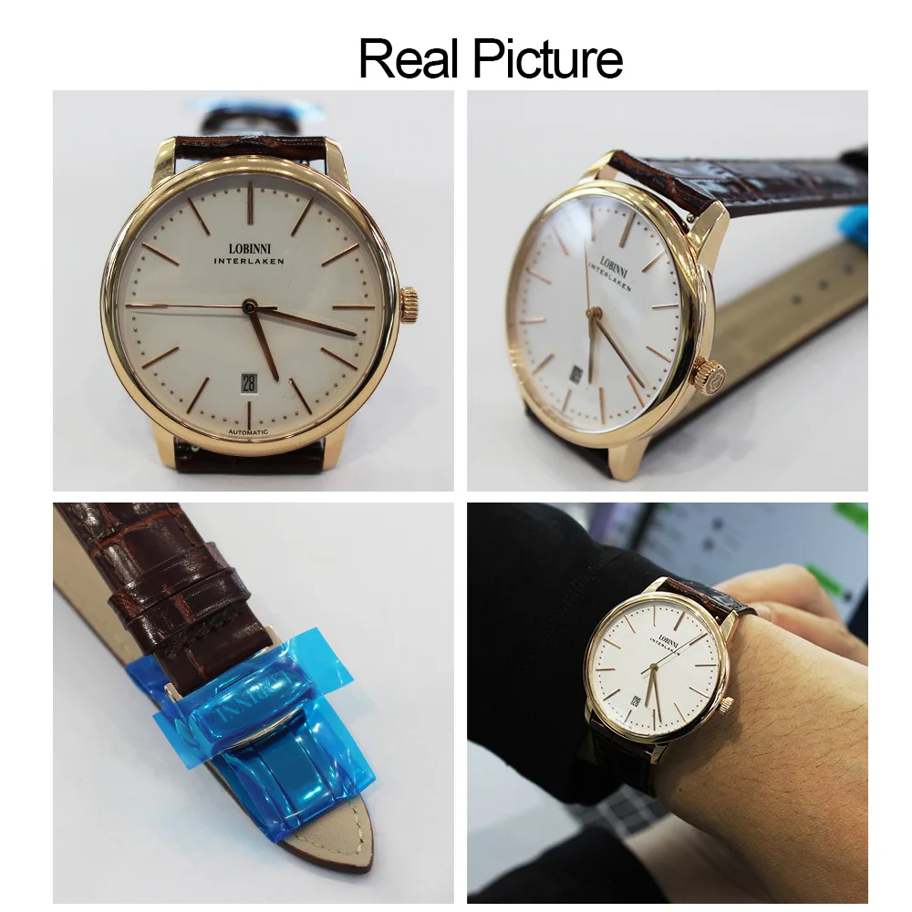 Elegant gold-tone wristwatch with white dial and brown leather strap.