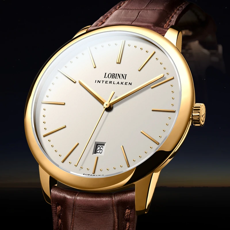 Elegant Lobinni Interlaken gold watch with white dial and brown leather strap.