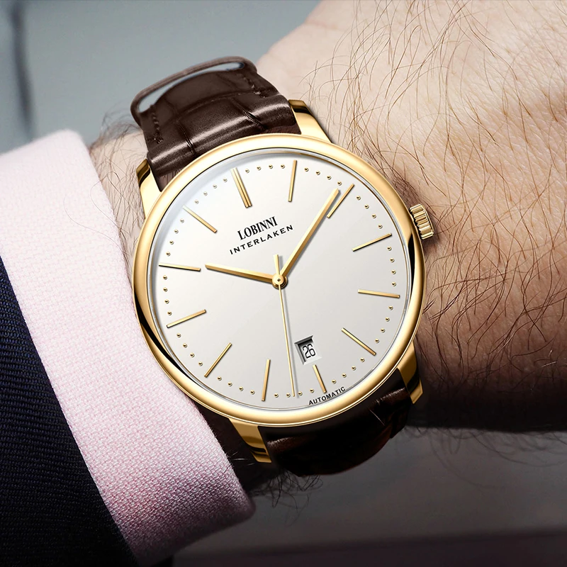 Elegant Lobinni Interlake wristwatch with gold case and leather strap.