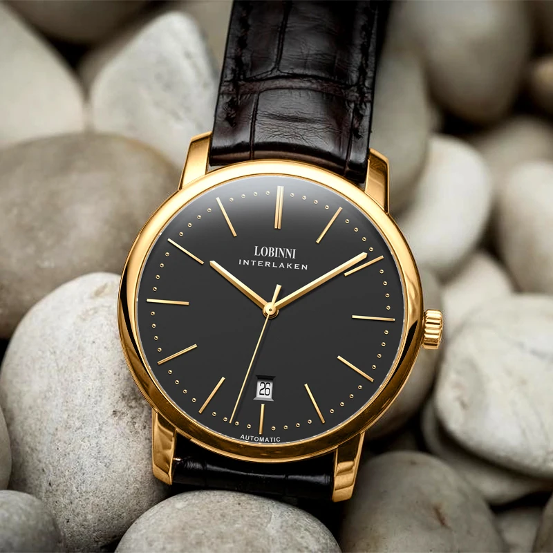Elegant Lobinni Interlaken watch with gold case and black leather strap.
