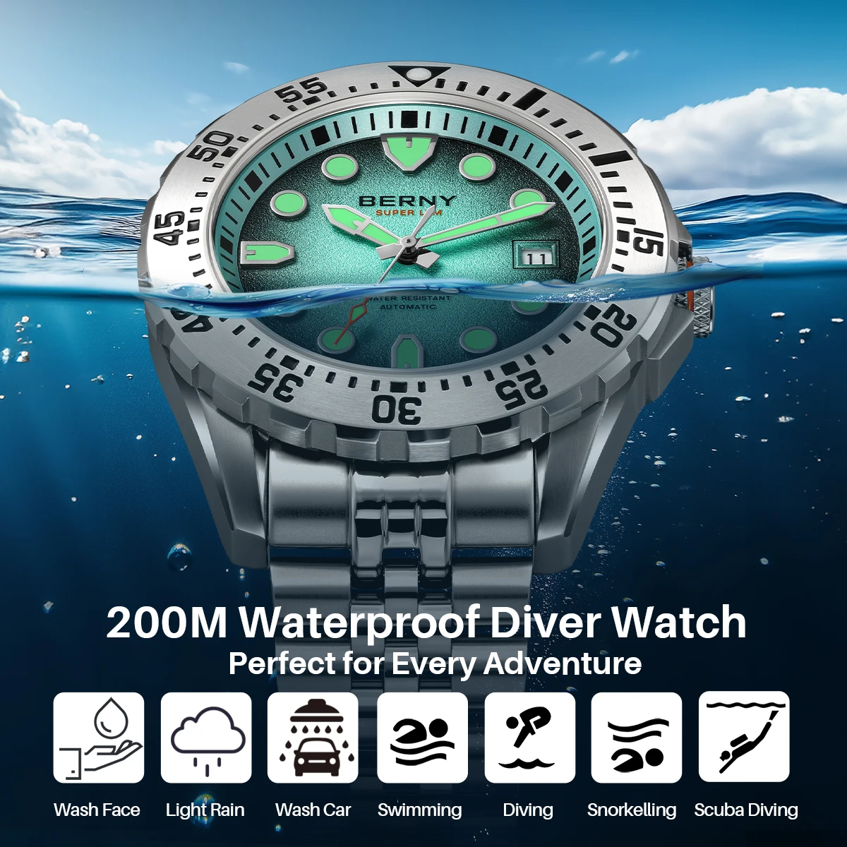 BERNY 20ATM Automatic Diver Watch for Men MIYOTA 8215 Top Accuracy 316L Steel Supper Luminous Sapphire AR Men's Diving Watches