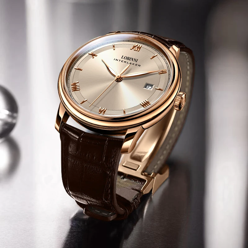 Luxury Lobini Interlaken men's watch with leather band and gold-tone case.