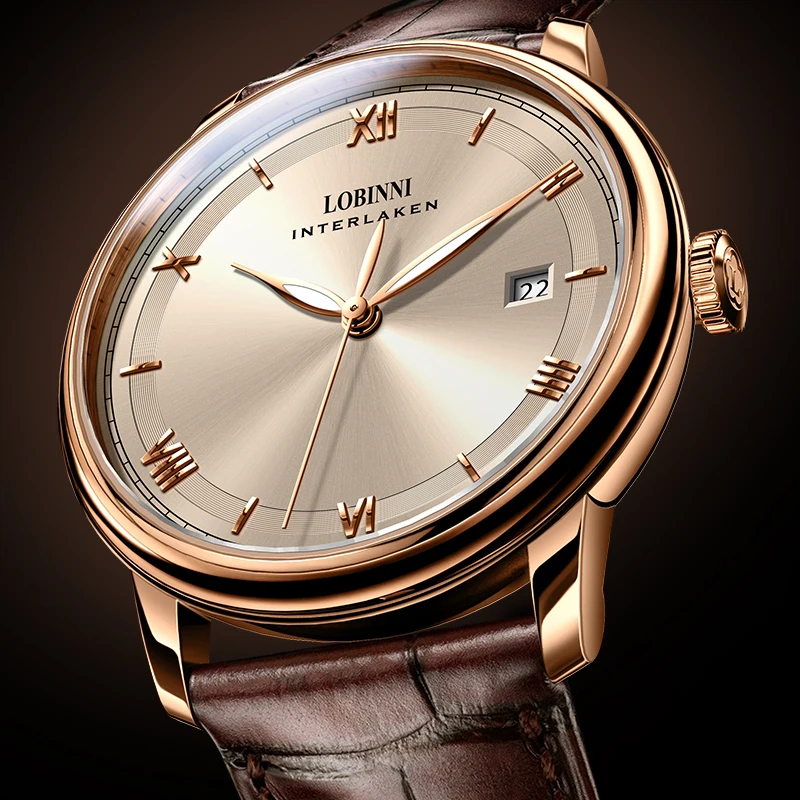 Elegant Lobini Interlaken gold watch with leather strap and date display.