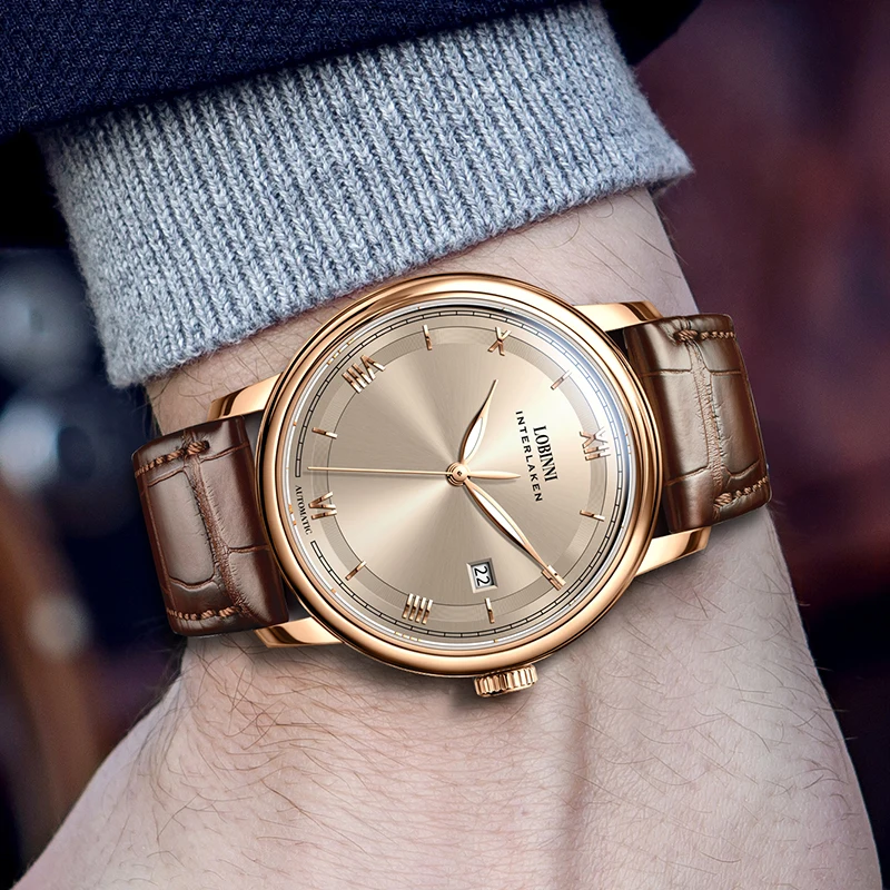 Elegant men's gold leather strap watch with classic design and date display.