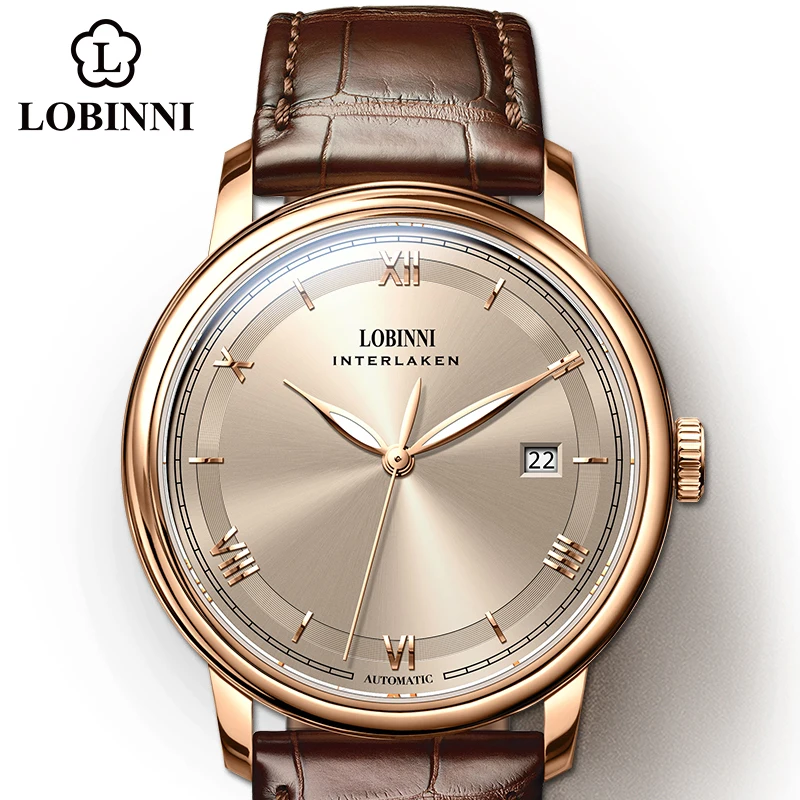 Elegant LOBINNI Interlaken automatic watch with rose gold case and brown leather strap.