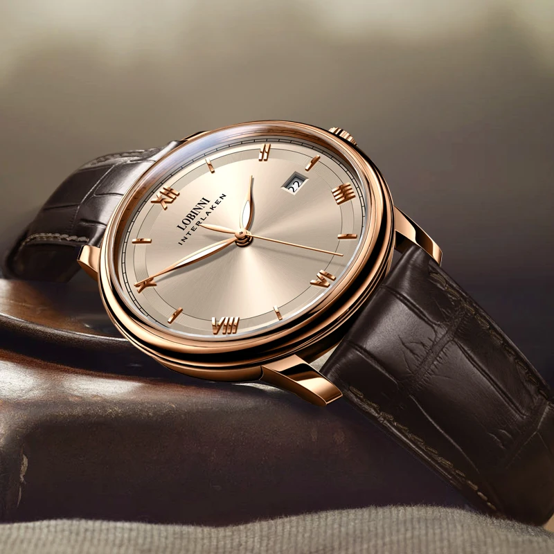 Elegant men's wristwatch with leather strap, gold case, and classic design.