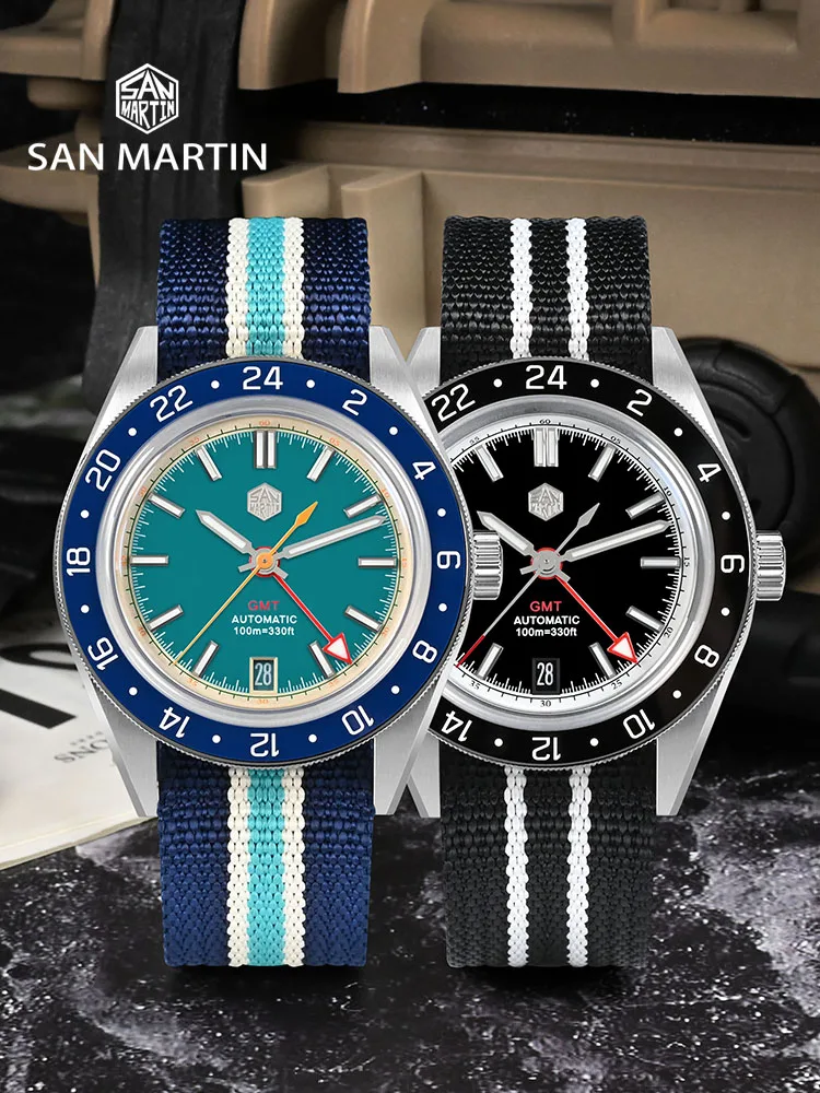 San Martin SN0116 GMT Watch — NH34, Light Blue & Black Dial, Ceramic Bezel, 100m