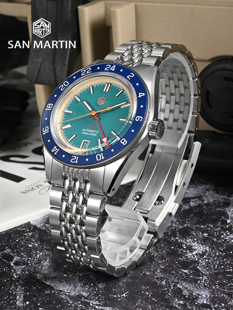 San Martin SN0116 GMT Watch — NH34, Light Blue & Black Dial, Ceramic Bezel, 100m