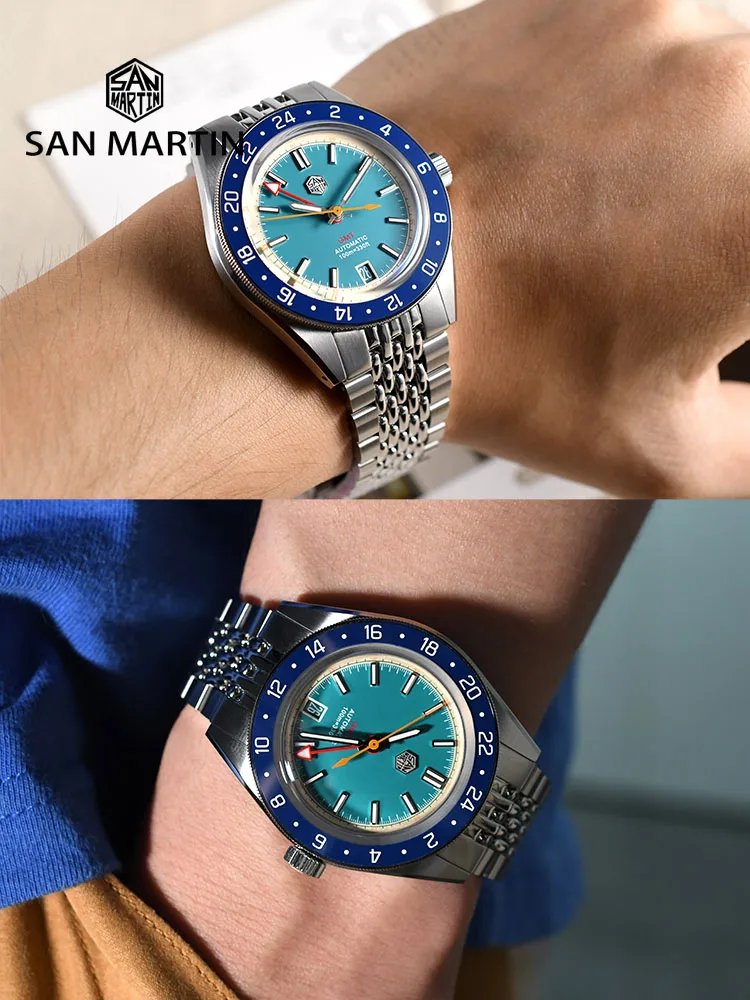 San Martin SN0116 GMT Watch — NH34, Light Blue & Black Dial, Ceramic Bezel, 100m