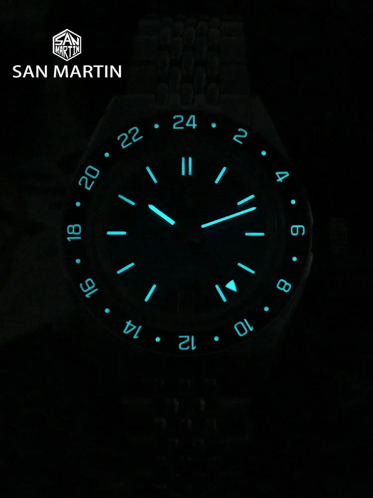 San Martin SN0116 GMT Watch — NH34, Light Blue & Black Dial, Ceramic Bezel, 100m