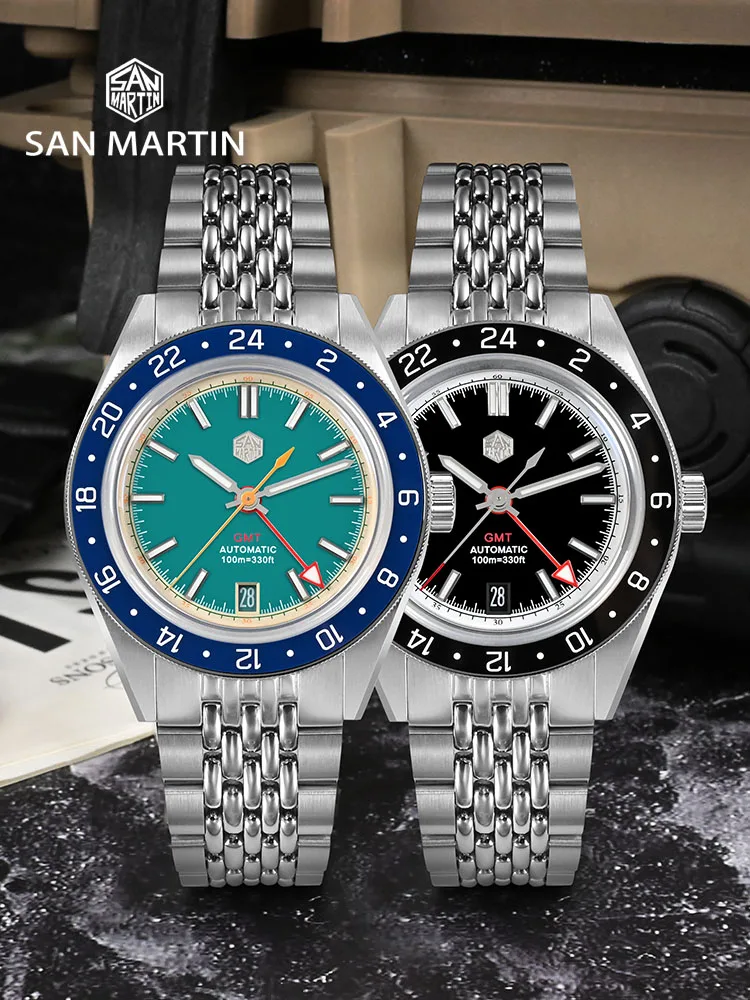San Martin SN0116 GMT Watch — NH34, Light Blue & Black Dial, Ceramic Bezel, 100m