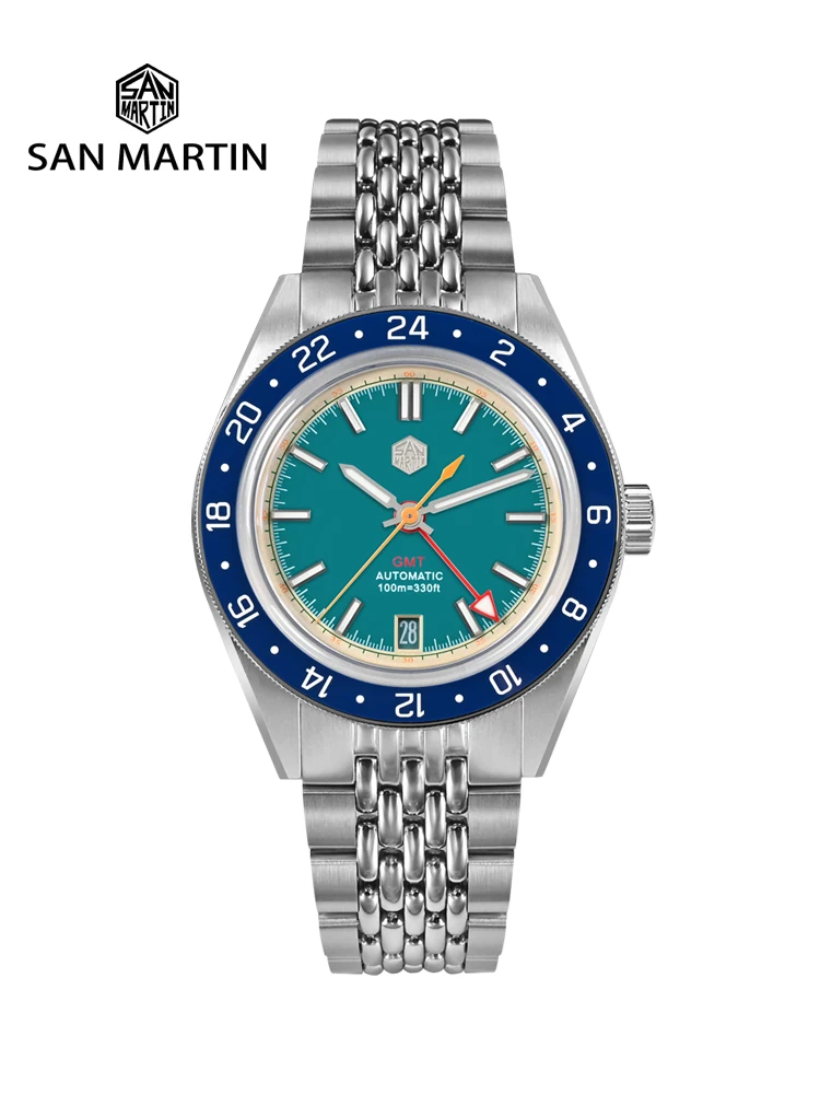San Martin SN0116 GMT Watch — NH34, Light Blue & Black Dial, Ceramic Bezel, 100m