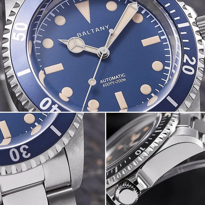 Automatic blue dial dive watch with stainless steel bracelet.