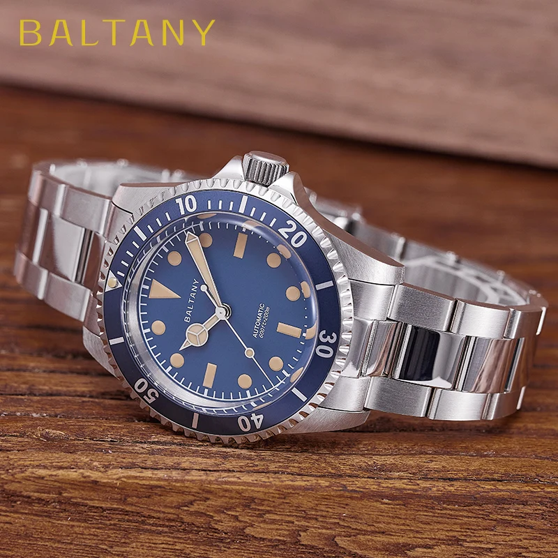 Baltany men's dive watch with blue dial, stainless steel band, and rotating bezel.
