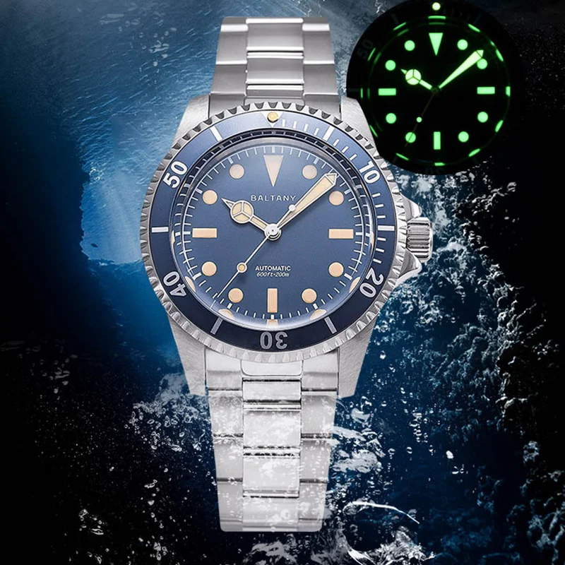 Waterproof Baltany dive watch with luminous dial and stainless steel strap for men.