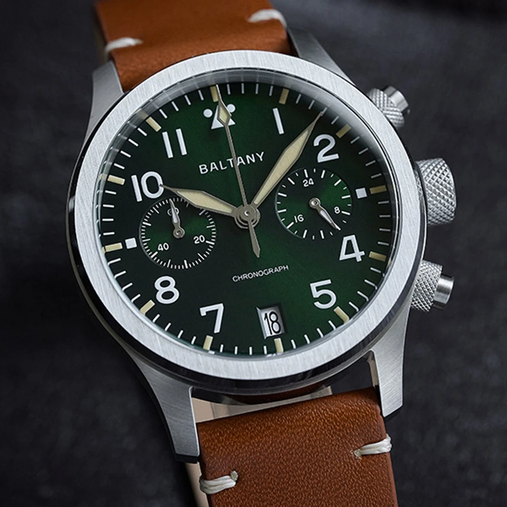 Men's green dial chronograph watch with leather strap, stainless steel case, and date display.