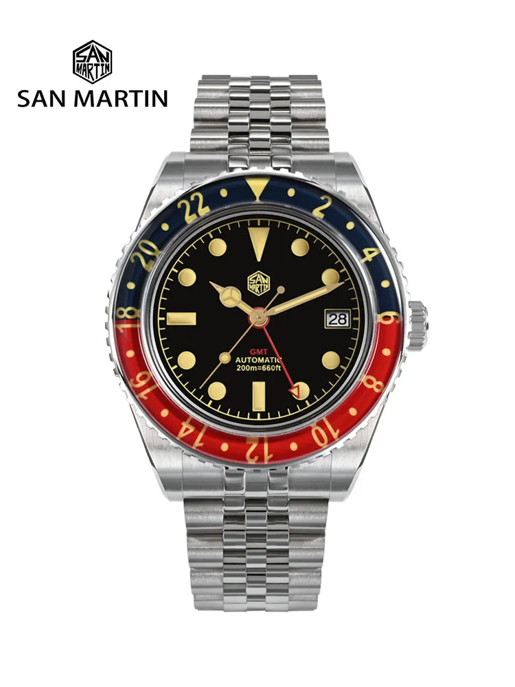 Vintage GMT diver watch with red and blue bezel, stainless steel bracelet, and black dial.