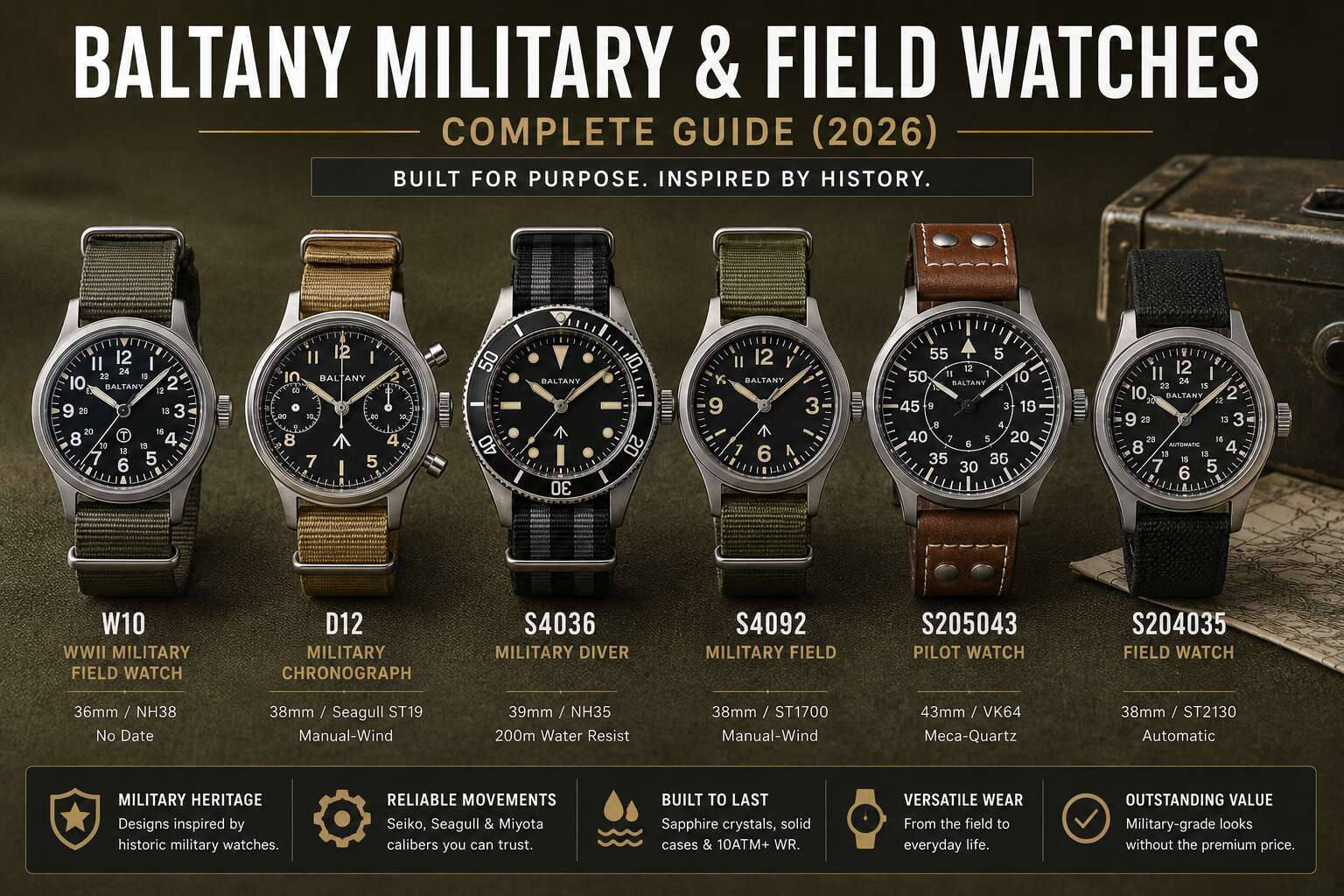 Collection of Baltany military and field watches with durable straps and classic designs.