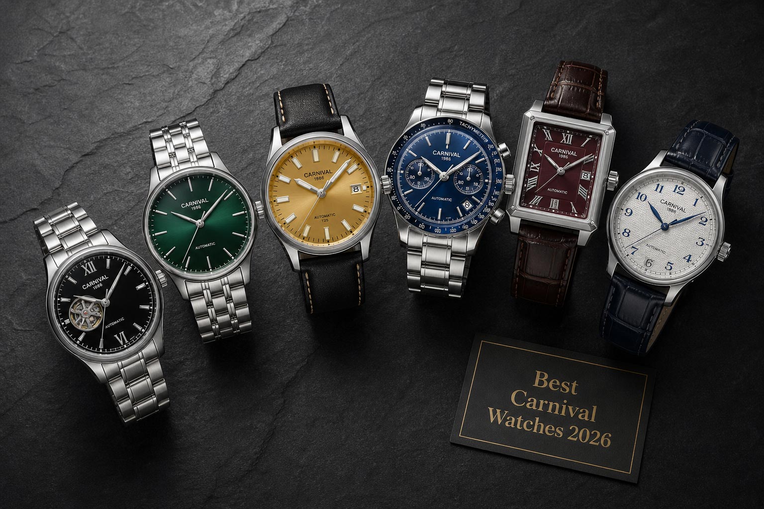 Elegant collection of Carnival watches for 2026 with diverse styles and colors.