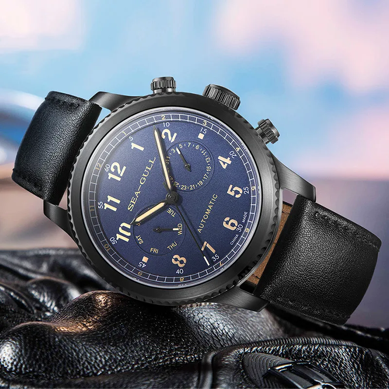 Seagull Men's Watch Fashion Multifunction Belt Sapphire Luminous Automatic Mechanical Watch Pilot Series Wristwatch 819.33.6080H