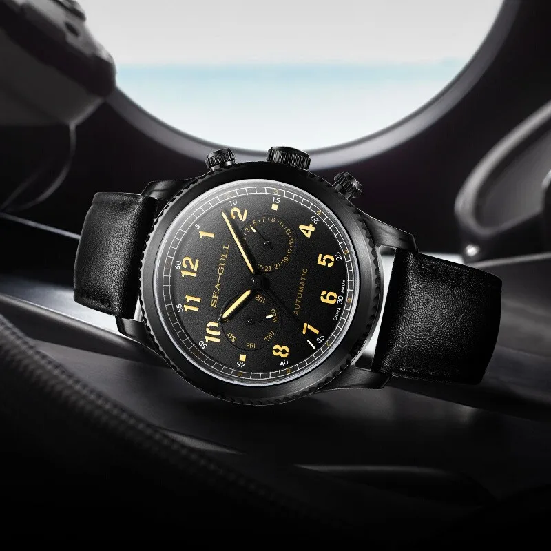 Seagull Men's Watch Fashion Multifunction Belt Sapphire Luminous Automatic Mechanical Watch Pilot Series Wristwatch 819.33.6080H