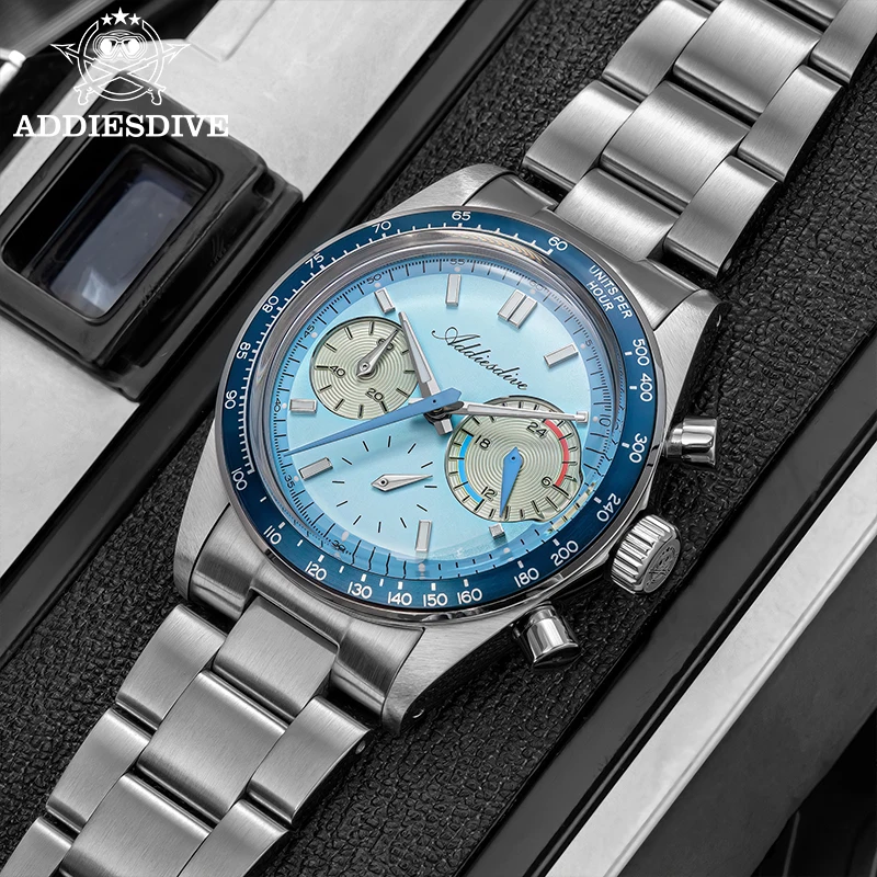 ADDIESDIVE New Men's Watches Bubble Glass 37mm Retro VK63 Chronography Quartz Watches Waterproof BGW9 Luminous Sports Wristwatch