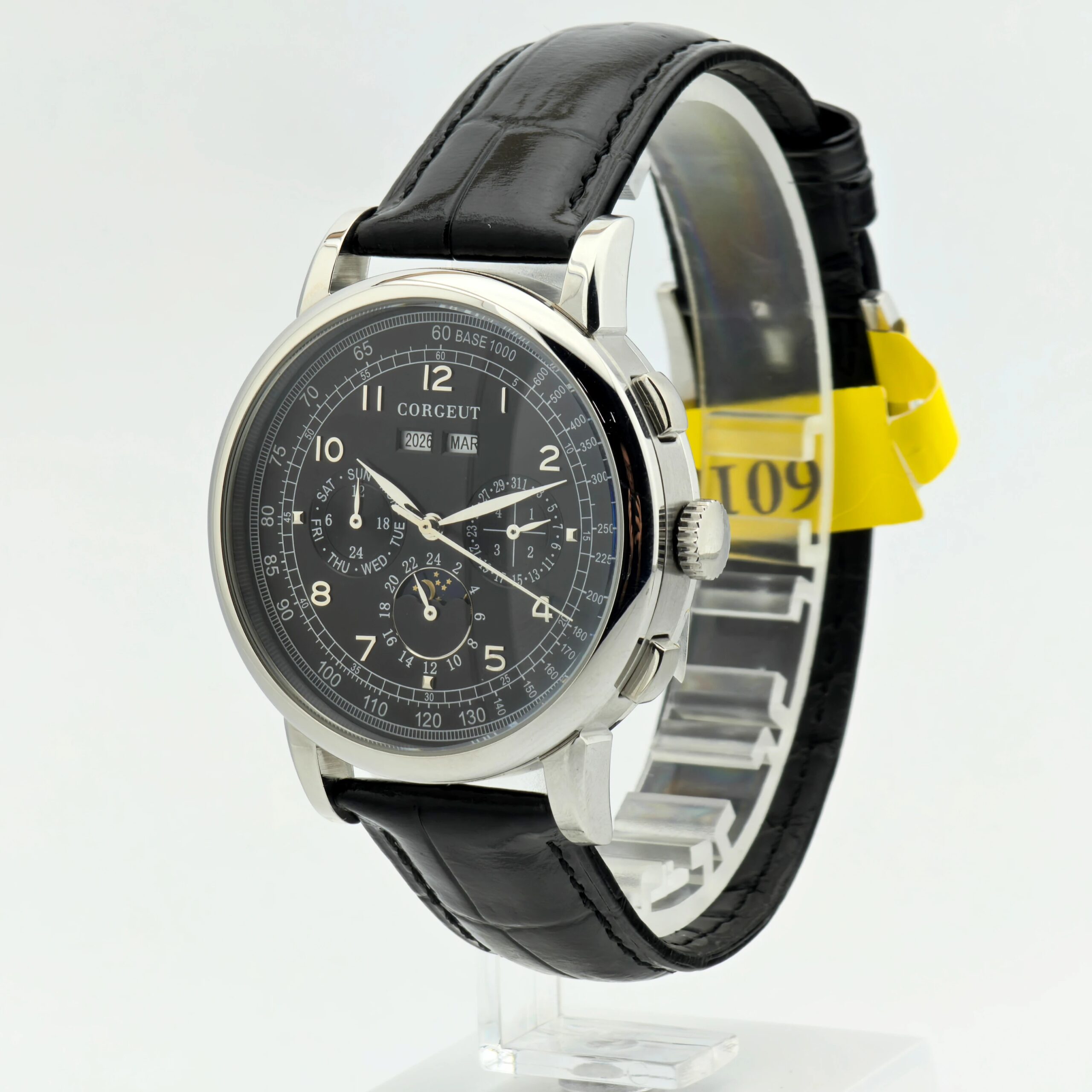 Elegant men's black leather strap chronograph watch with silver case and detailed dial.
