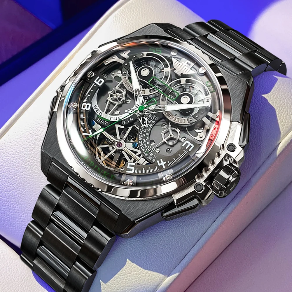 OUPINKE Multifunction Tourbillon Mechanical Watches For Men Skeleton Wrist Watch Waterproof Sapphire Mirror Black Steel Watch