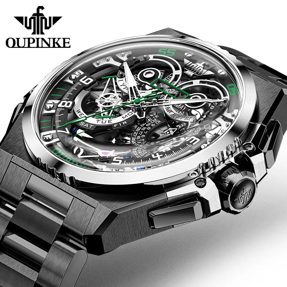 OUPINKE Multifunction Tourbillon Mechanical Watches For Men Skeleton Wrist Watch Waterproof Sapphire Mirror Black Steel Watch