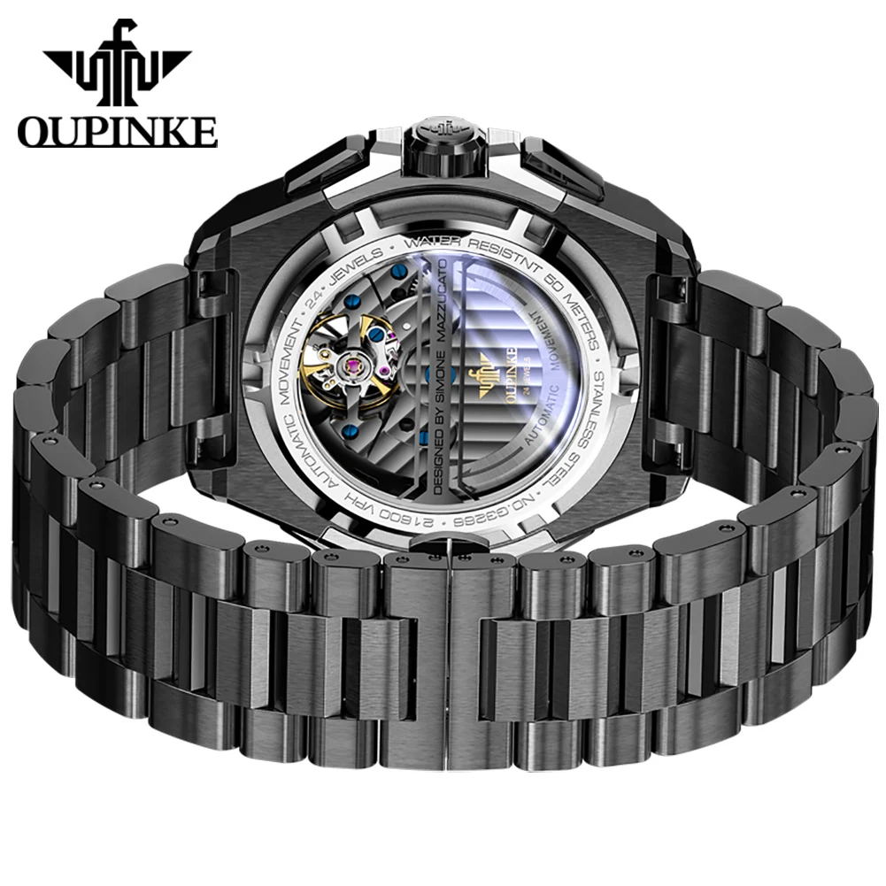 OUPINKE Multifunction Tourbillon Mechanical Watches For Men Skeleton Wrist Watch Waterproof Sapphire Mirror Black Steel Watch