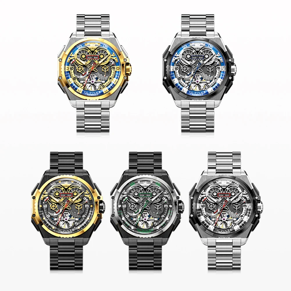 OUPINKE Multifunction Tourbillon Mechanical Watches For Men Skeleton Wrist Watch Waterproof Sapphire Mirror Black Steel Watch