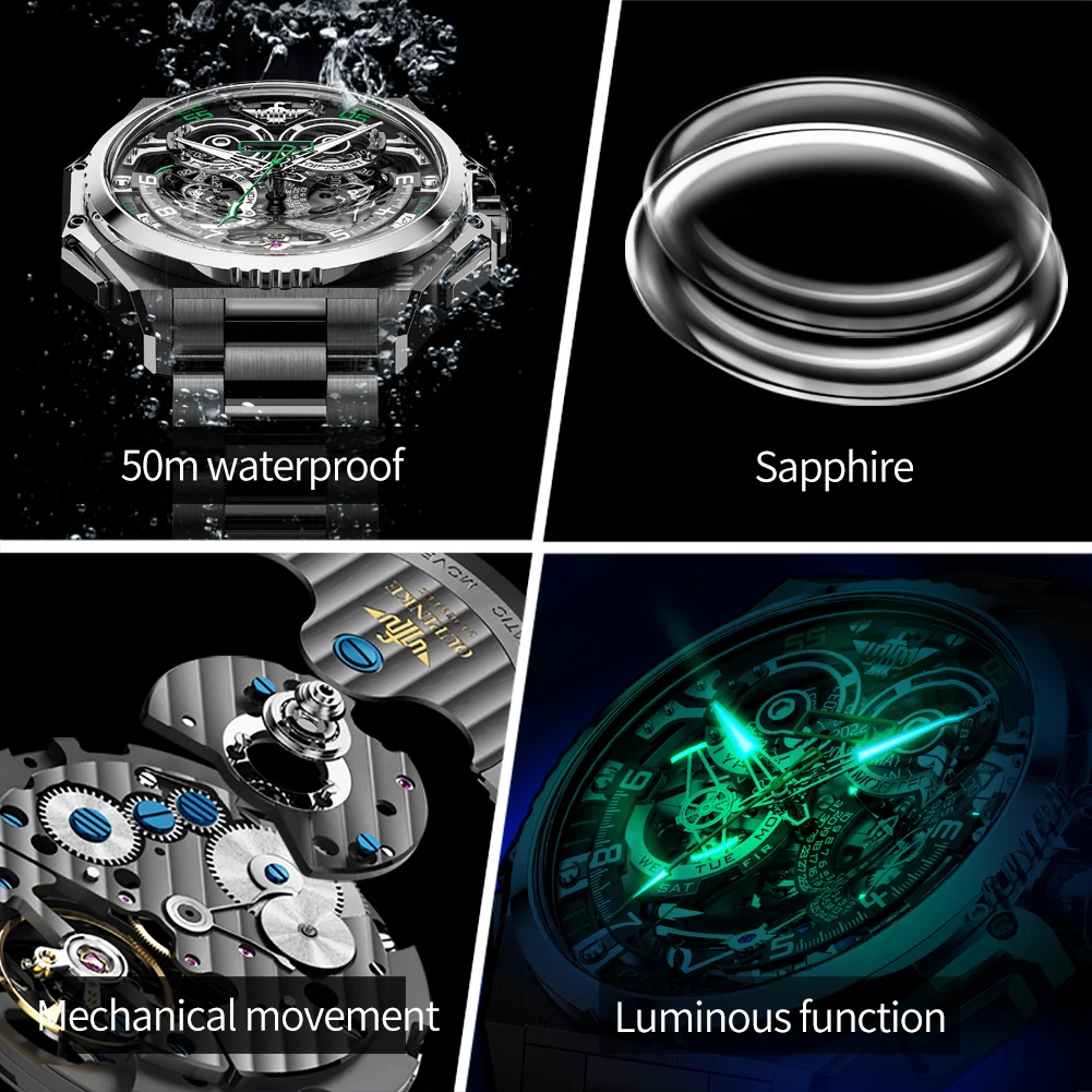 OUPINKE Multifunction Tourbillon Mechanical Watches For Men Skeleton Wrist Watch Waterproof Sapphire Mirror Black Steel Watch