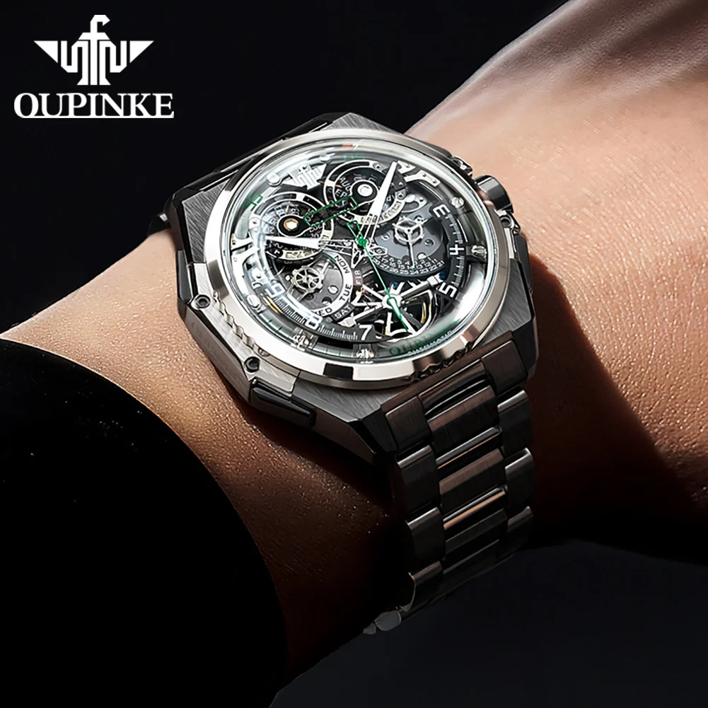 OUPINKE Multifunction Tourbillon Mechanical Watches For Men Skeleton Wrist Watch Waterproof Sapphire Mirror Black Steel Watch
