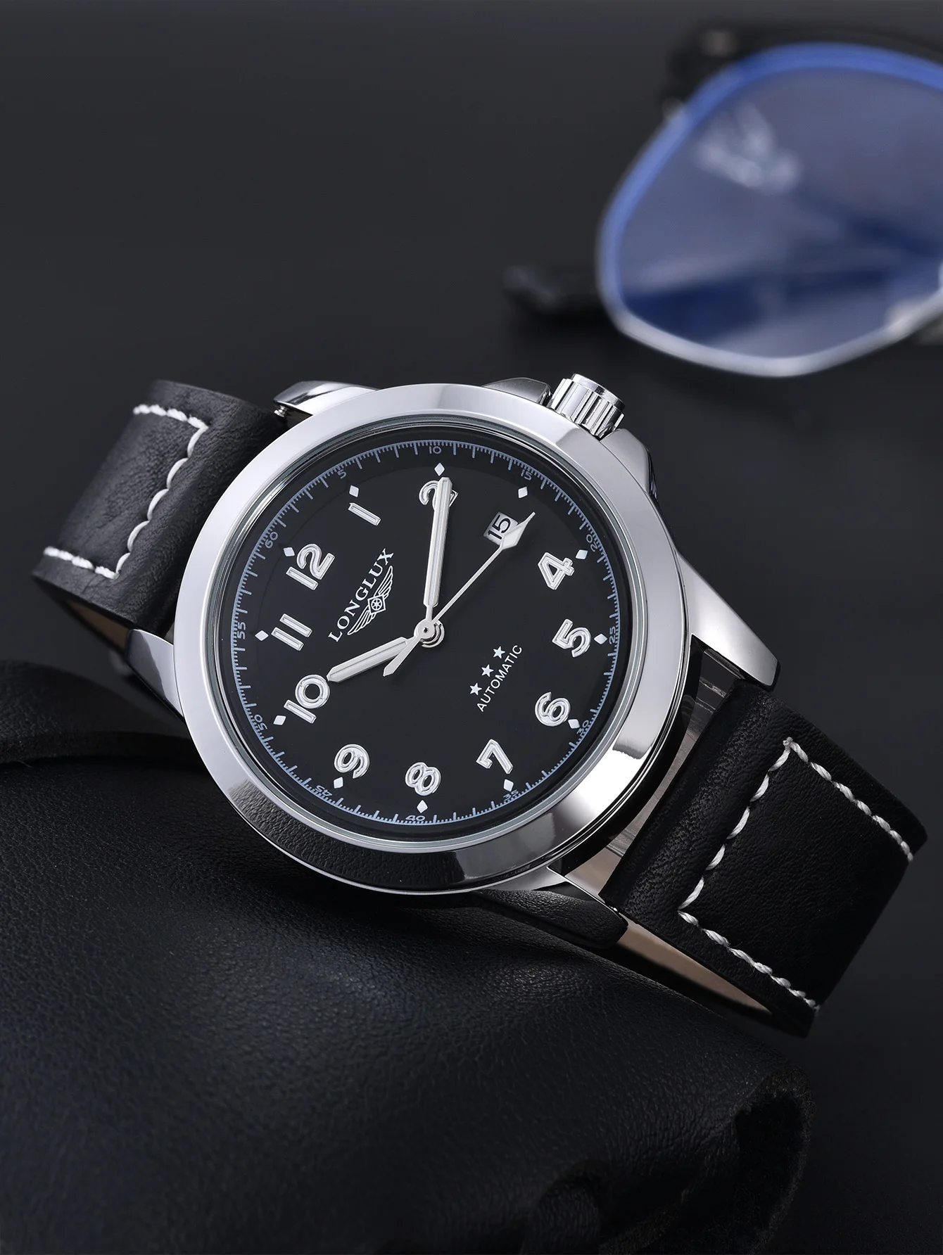 LONGLUX men automatic watch vintage pilot business classic military mechanical watches date waterproof luminous leather gift