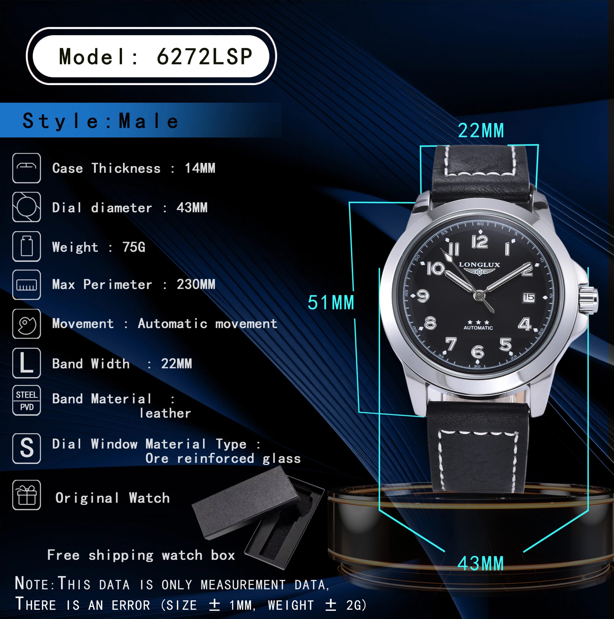 LONGLUX men automatic watch vintage pilot business classic military mechanical watches date waterproof luminous leather gift