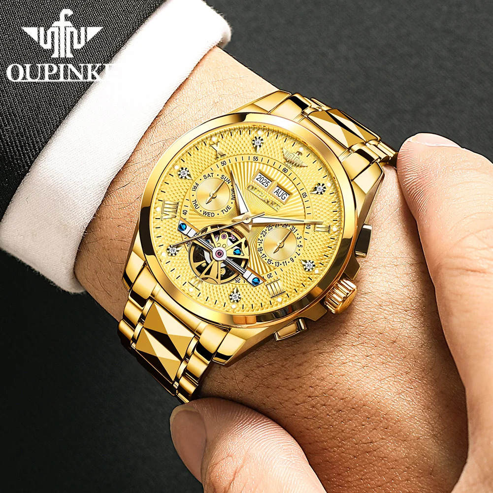 OUPINKE Mens Watch Automatic Mechanical Wristwatch Waterproof Luminous Luxury Man Watches Tungsten Steel 3265