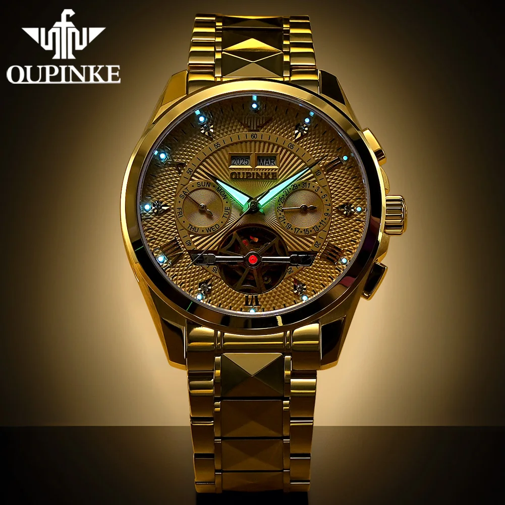 OUPINKE Mens Watch Automatic Mechanical Wristwatch Waterproof Luminous Luxury Man Watches Tungsten Steel 3265