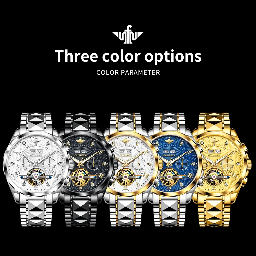 OUPINKE Mens Watch Automatic Mechanical Wristwatch Waterproof Luminous Luxury Man Watches Tungsten Steel 3265