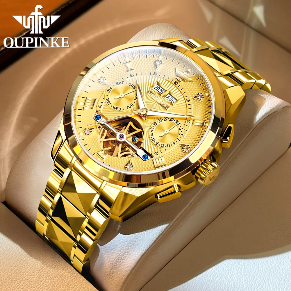 OUPINKE Mens Watch Automatic Mechanical Wristwatch Waterproof Luminous Luxury Man Watches Tungsten Steel 3265