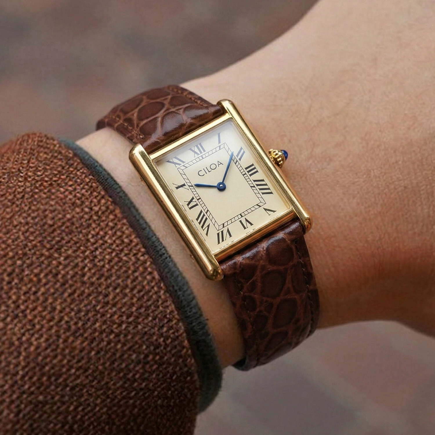 CILOA Men's Luxury Retro Square Watch, Gold Case Cream Dial Brown Leather Strap, Business Casual Versatile Quartz Wristwatch