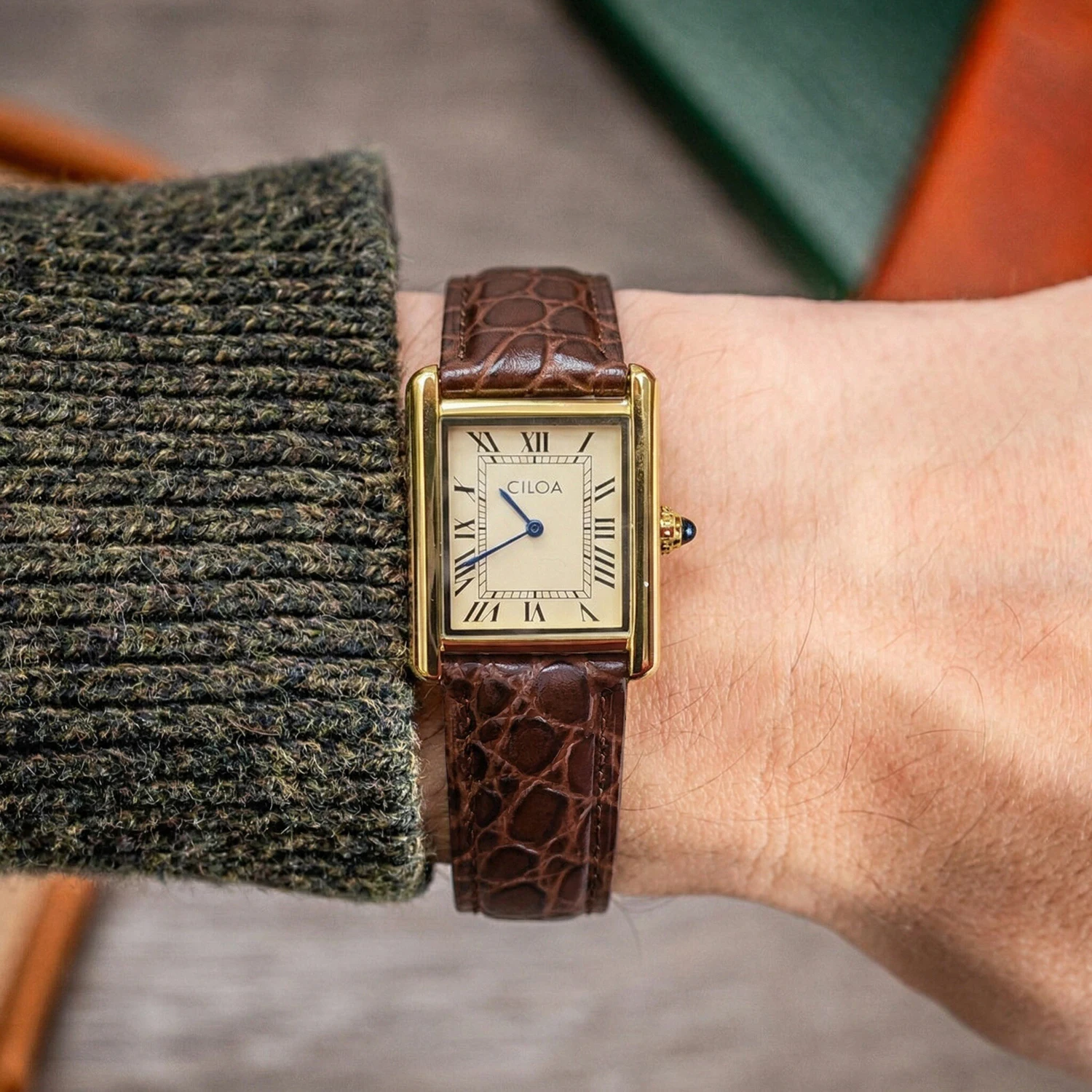 CILOA Men's Luxury Retro Square Watch, Gold Case Cream Dial Brown Leather Strap, Business Casual Versatile Quartz Wristwatch