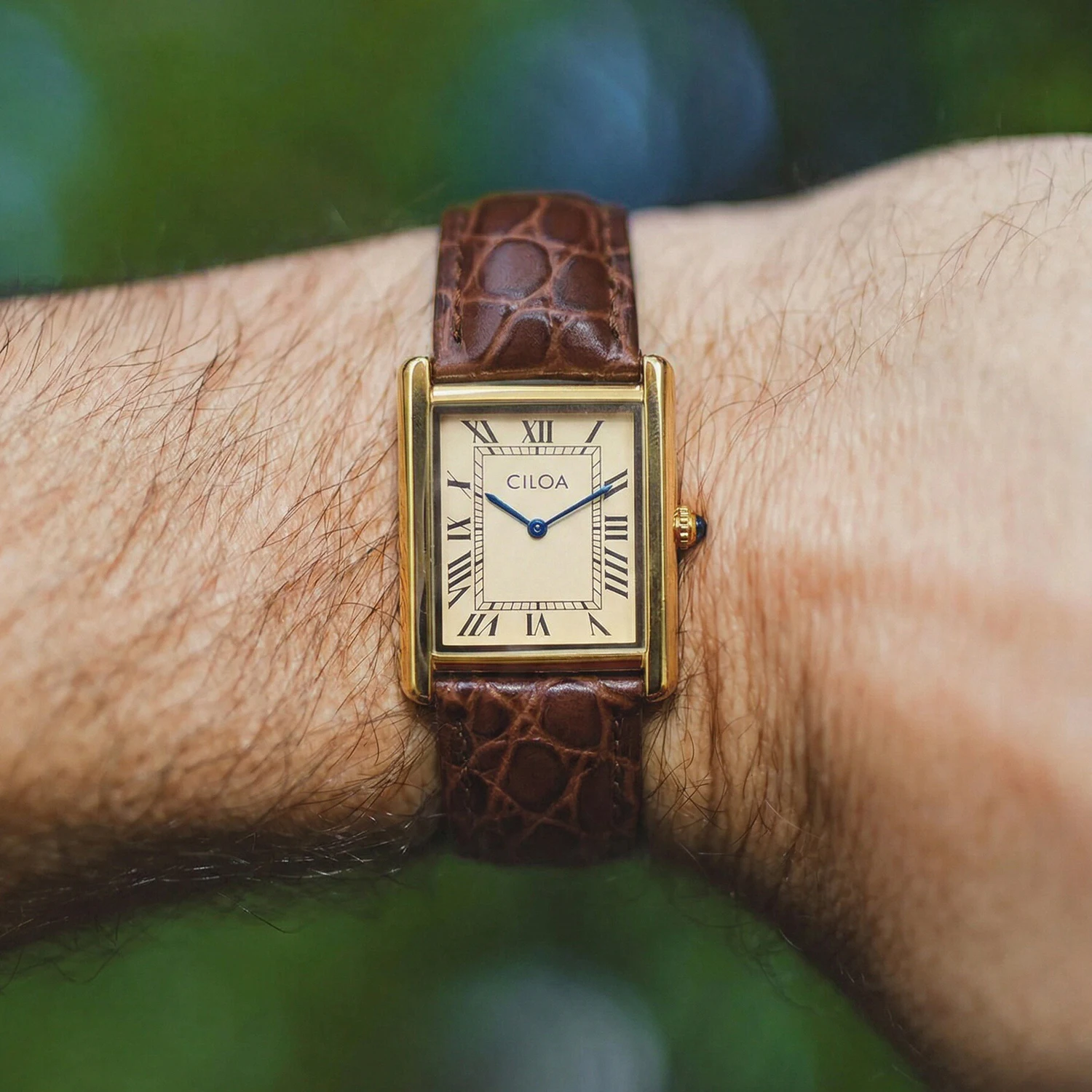 CILOA Men's Luxury Retro Square Watch, Gold Case Cream Dial Brown Leather Strap, Business Casual Versatile Quartz Wristwatch