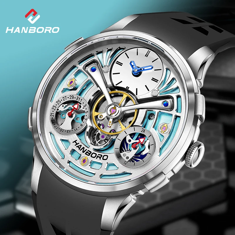 HANBORO King Bee Series Center Skeleton Flywheel Personalized Design Unique Watch Face Design Men's Automatic Mechanical Watch