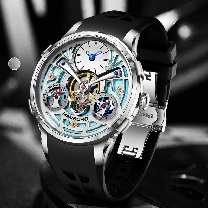 HANBORO King Bee Series Center Skeleton Flywheel Personalized Design Unique Watch Face Design Men's Automatic Mechanical Watch