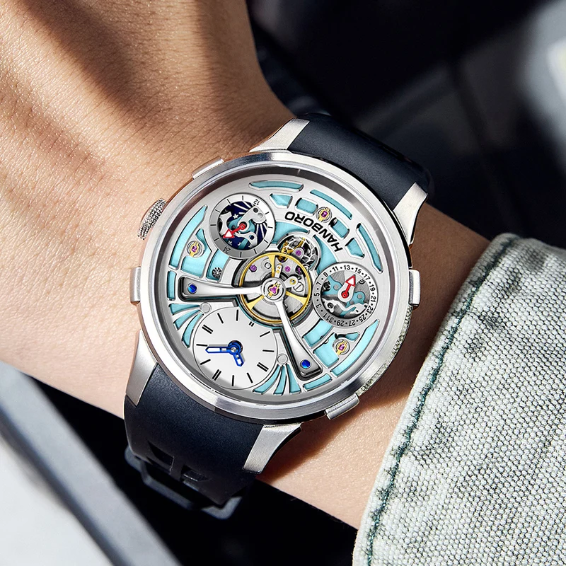 HANBORO King Bee Series Center Skeleton Flywheel Personalized Design Unique Watch Face Design Men's Automatic Mechanical Watch