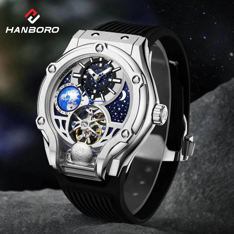 HANBORO fully automatic mechanical men's watch hollowed out wristwatch trend waterproof luminous watch
